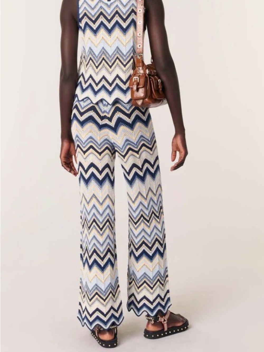 Maje Wide-Leg Zigzag crochet trouser Pants in Blue, Navy & Cream